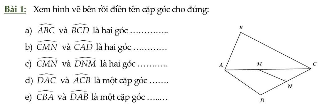 Bài 1: Xem Hình Vẽ Bên Rồi Điền Tên Cặp Góc Cho Đúng: B A) Abc Và Bcd Là  Hai Góc ...... B) Cmn Và Cad Là Hai Góc C) Cmn Và