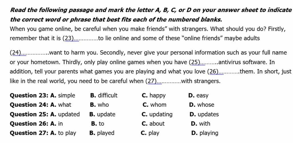 Read The Following Passage And Mark The Letter A, B, C, Or D On Your ...