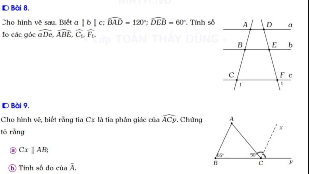 D Bài 8. Cho hình vẽ sau. Biết a || b || c; BAD 120°; DEB =60°. Tính số %3D  A a lo các góc aDe, ABE, C, F1. top TOÀN THAY