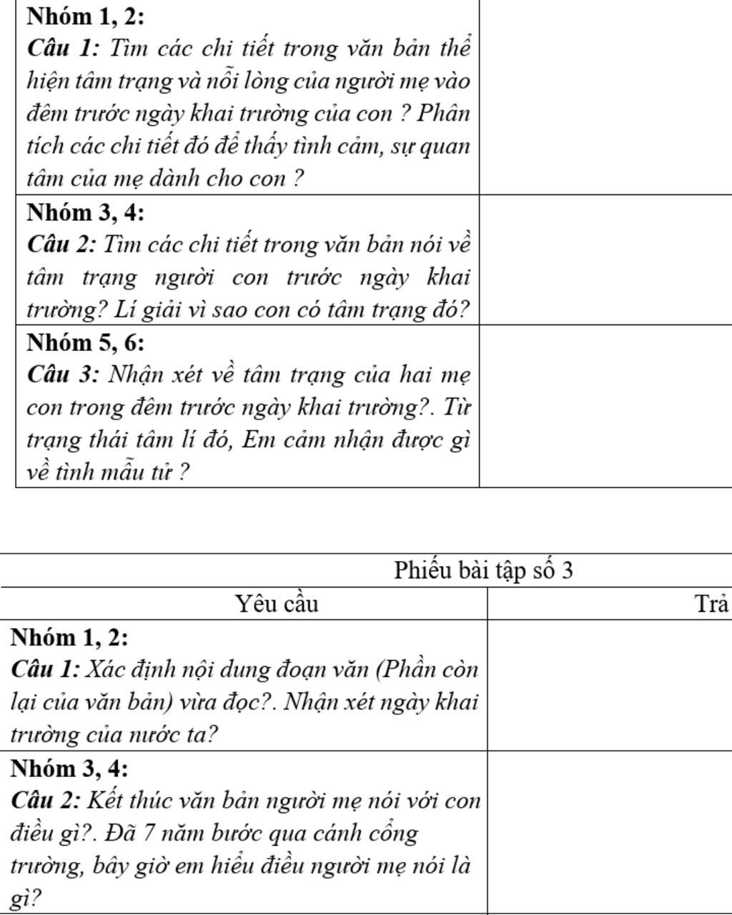 Nhóm 1, 2: Câu 1: Tìm các chi tiết trong văn bản thể hiện tâm ...