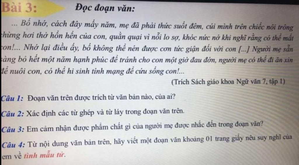 Bài 3: Đọc đoạn văn: Bố nhớ, cách đây mấy năm, mę đã phải thức ...