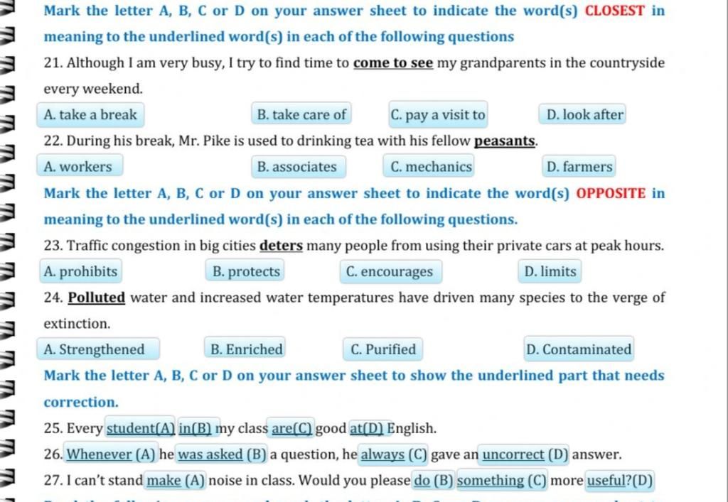 Mark The Letter A, B, C Or D On Your Answer Sheet To Indicate The Word ...