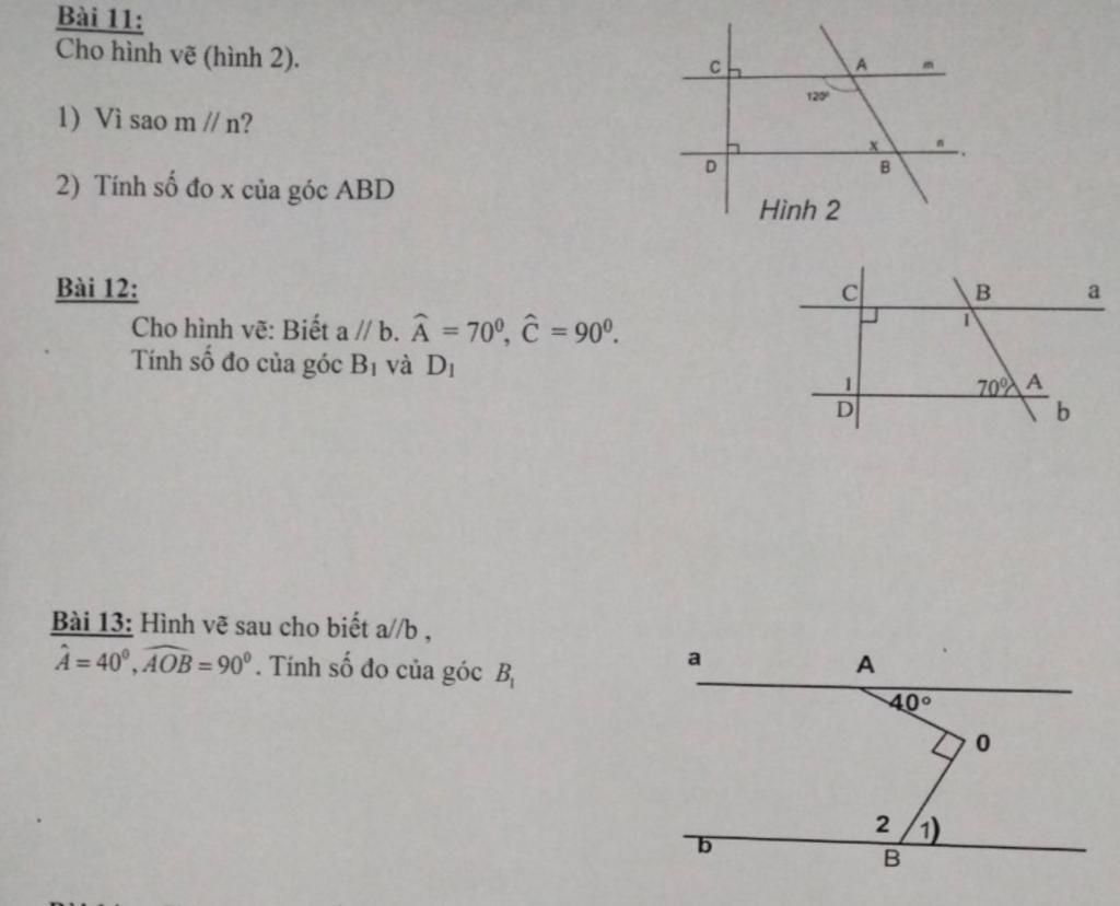 Bài 11: Cho hình vẽ (hình 2). 129 1) Vì sao m l/ n? B. 2) Tính số đo x của  góc ABD Hình 2 Bài 12: a Cho hình vẽ: Biết a // b. Â = 70°, Ĉ = 90°. Tính  số đo