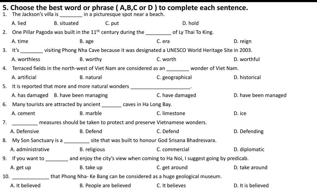 5. Choose the best word or phrase ( A,B,C or D) to complete each