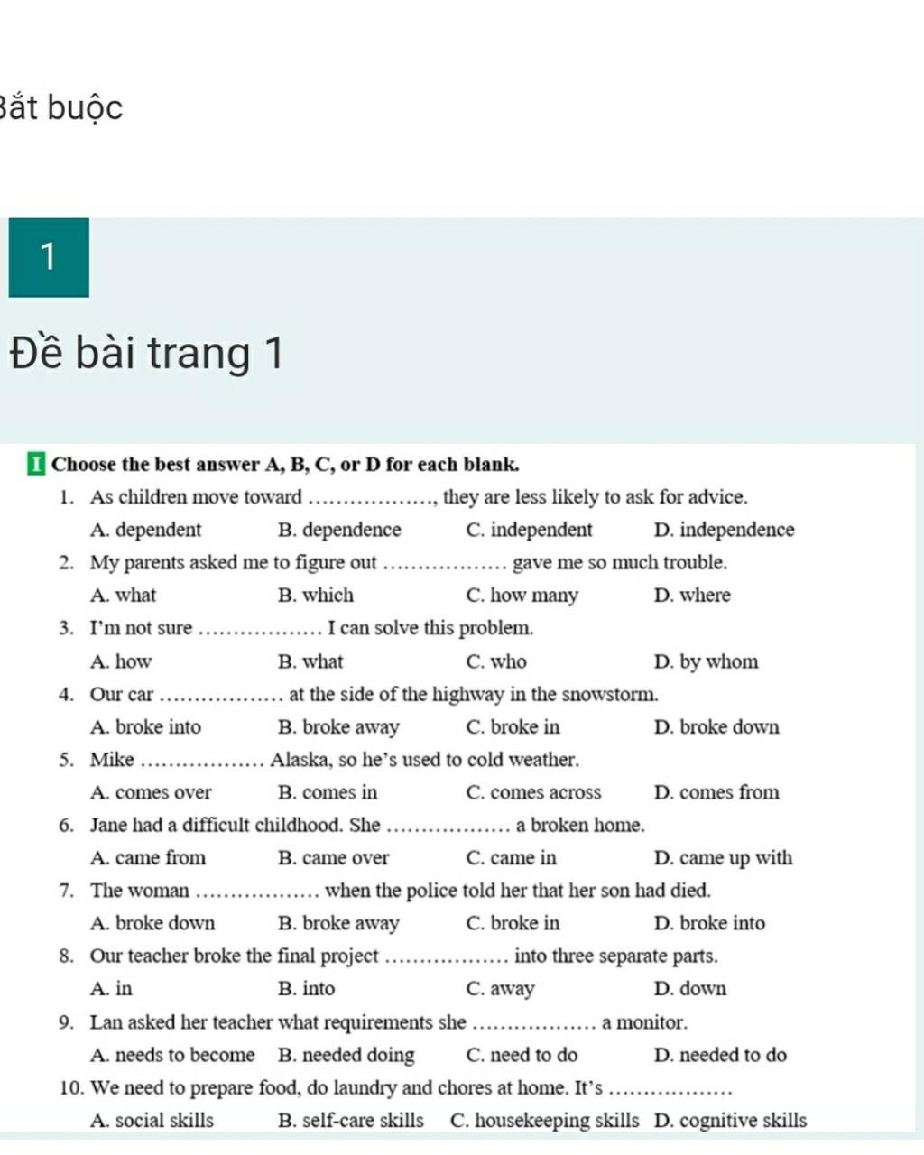 Bắt Buộc 1 Đề Bài Trang 1 I Choose The Best Answer A, B, C, Or D For ...