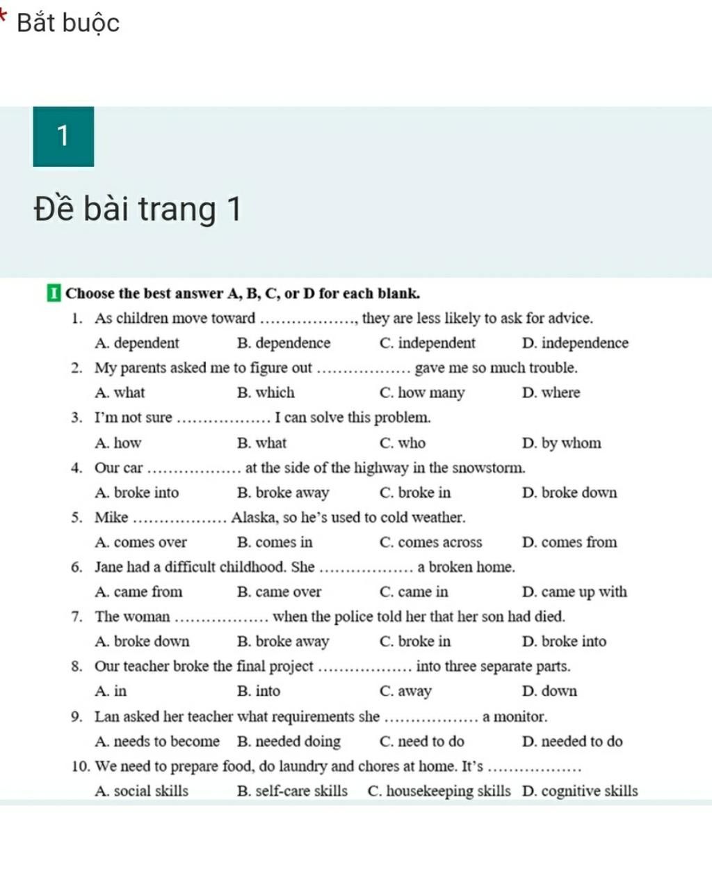 Bắt Buộc 1 Đề Bài Trang 1 I Choose The Best Answer A, B, C, Or D For ...