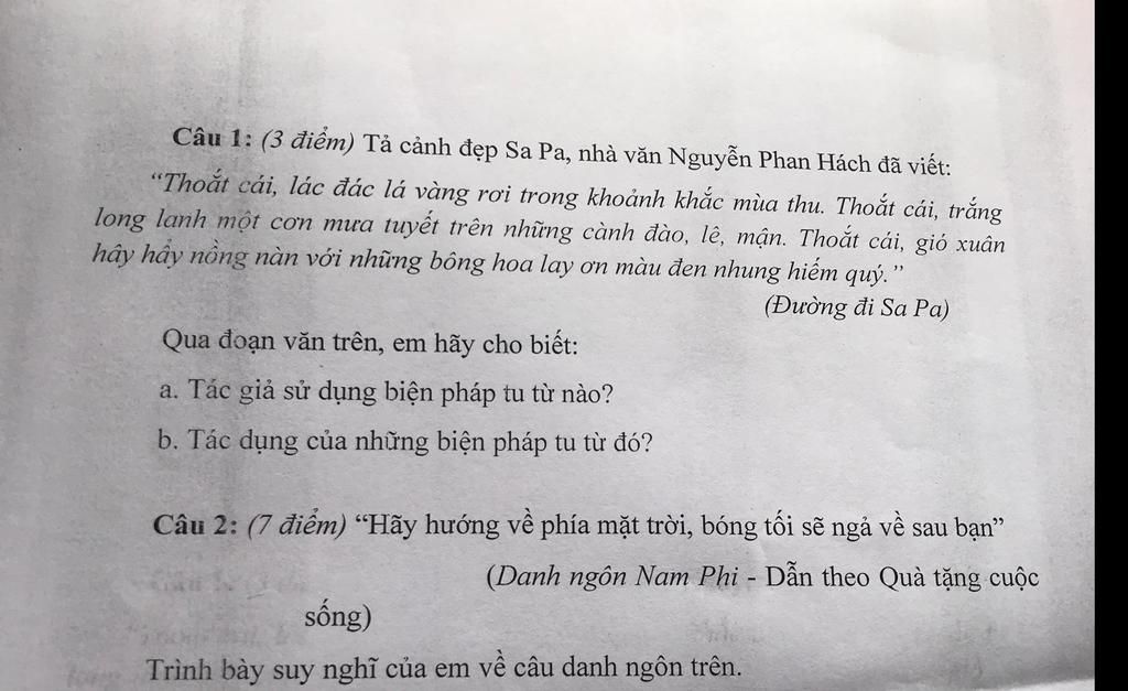 Câu 1: (3 điểm) Tả cảnh đẹp Sa Pa, nhà văn Nguyễn Phan Hách đã ...