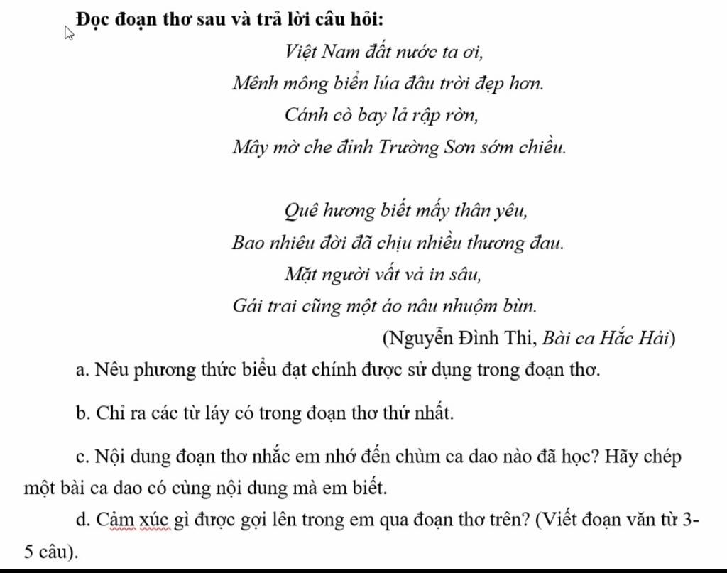 Đọc đoạn thơ sau và trả lời câu hỏi: Việt Nam đất nước ta ơi, Mênh ...
