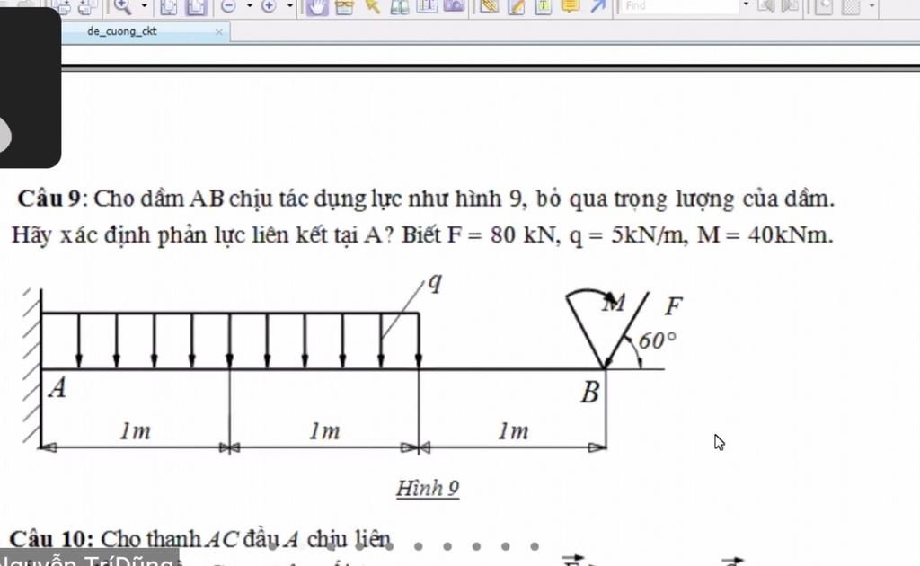 Find de_cuong_ckt Câu 9: Cho dầm AB chịu tác dụng lực như hình 9, bỏ qua  trọng lượng của dầm. Hãy xác định phản lực liên kết tại A? Biết F =