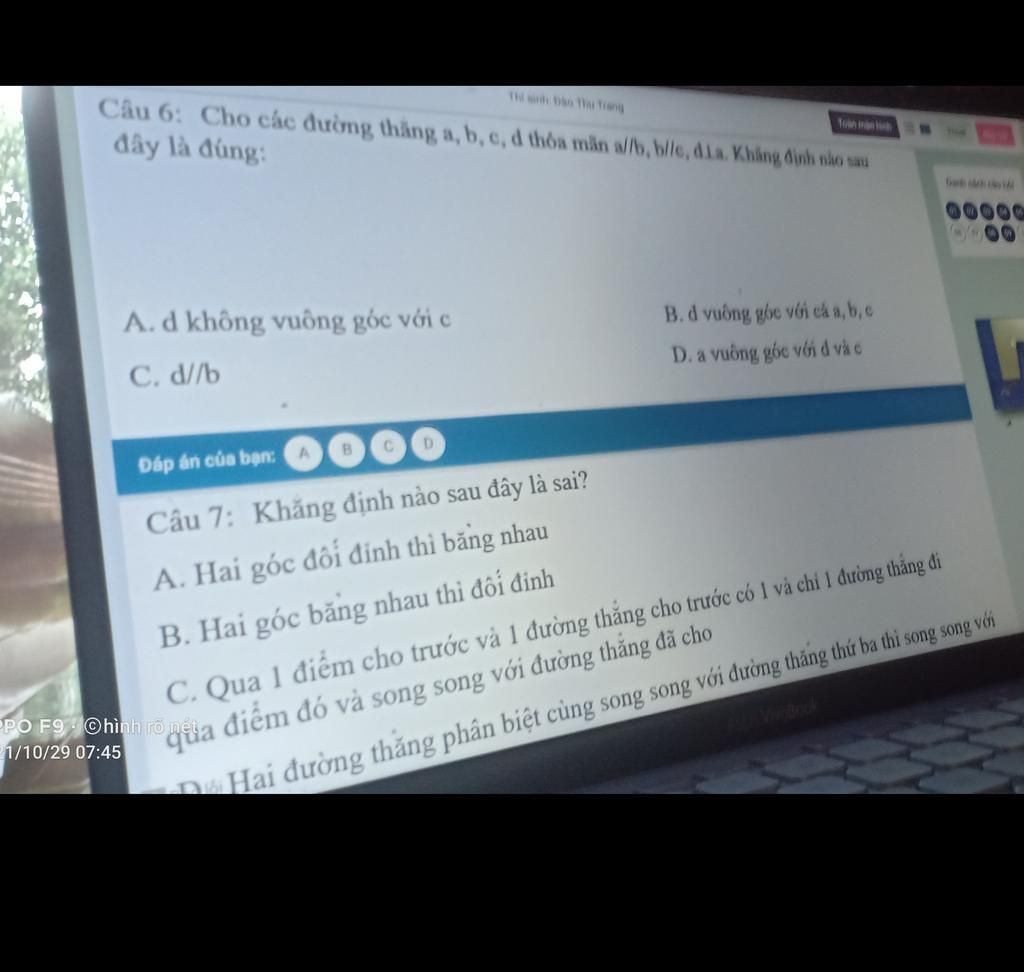 Câu 6: Cho Các đưong Thang A, B, C, D Thóa Mân A//b, Bl/e, Dia. Kháng ...