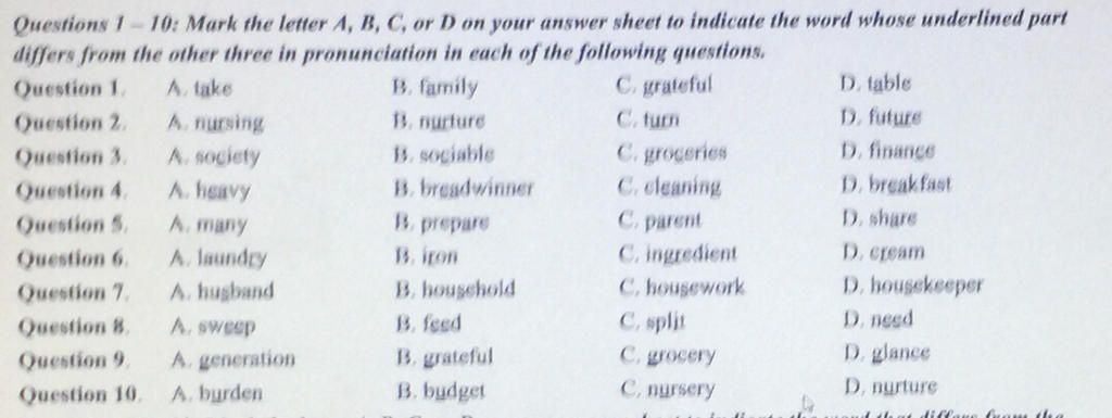 Questions 1-10: Mark The Letter A, B, C, Or D On Your Answer Sheet To ...