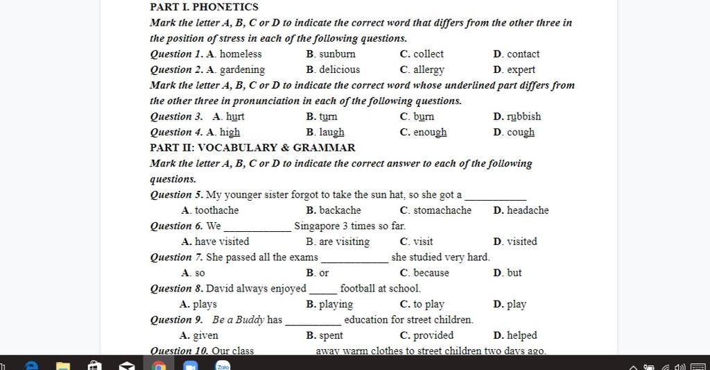 PART I. PHONETICS Mark The Letter A, B, C Or D To Indicate The Correct ...