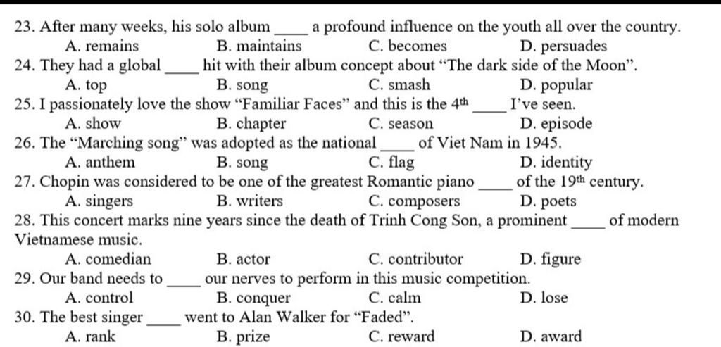 23. After Many Weeks, His Solo Album A. Remains A Profound Influence On The  Youth All Over The Country. C. Becomes Hit With Their Album Concept About 