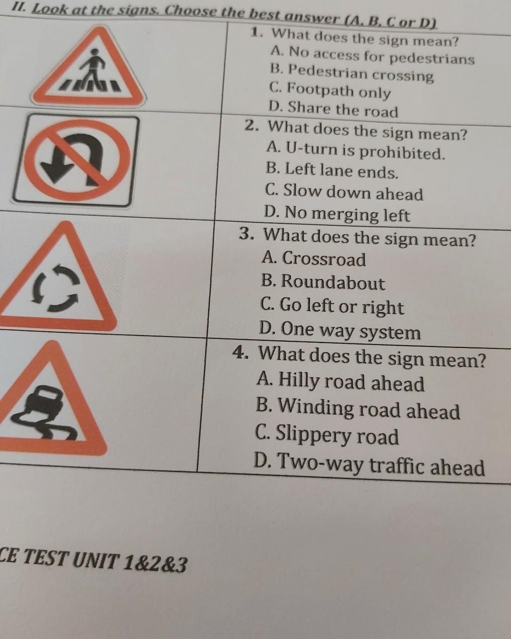 Ii. Look At The Signs. Choose The Best Answer (A. B, C Or D) 1. What Does  The Sign Mean? A. No Access For Pedestrians B. Pedestrian Crossing C.  Footpath On