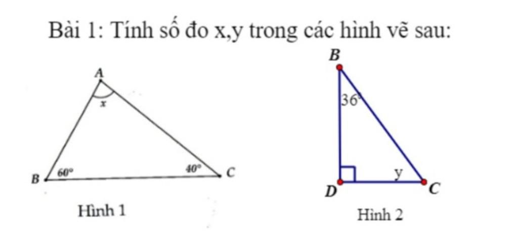 Bài 1: Tính số đo x,y trong các hình vẽ sau: B 36 60 40 D Hình 1 Hình 2