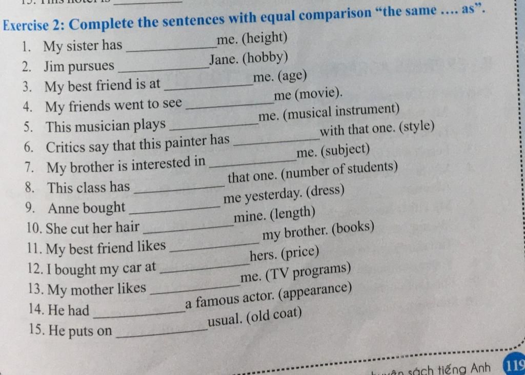 Exercise 2: Complete the sentences with equal comparison 