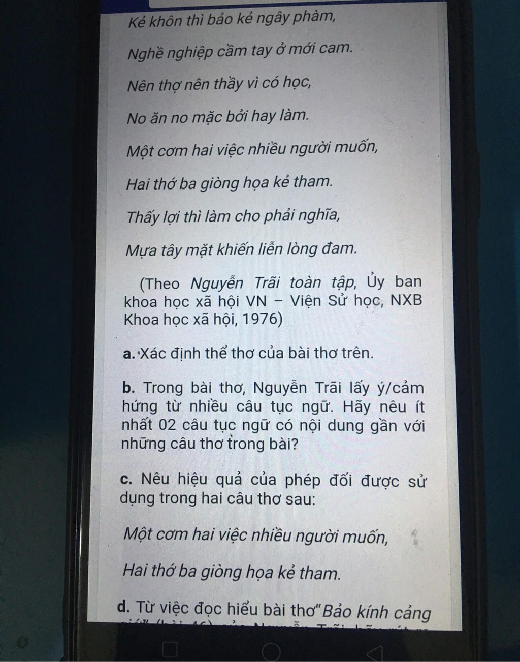 D) Từ Việc Đọc Hiểu Bài Thơ Bảo Kính Cảnh Giới Bài 46 Của Nguyễn Trãi Hãy  Rút Ra Bài Học Ý Nghĩa Nhất Cho Bản Thân Và Lý Giải Vì Sao