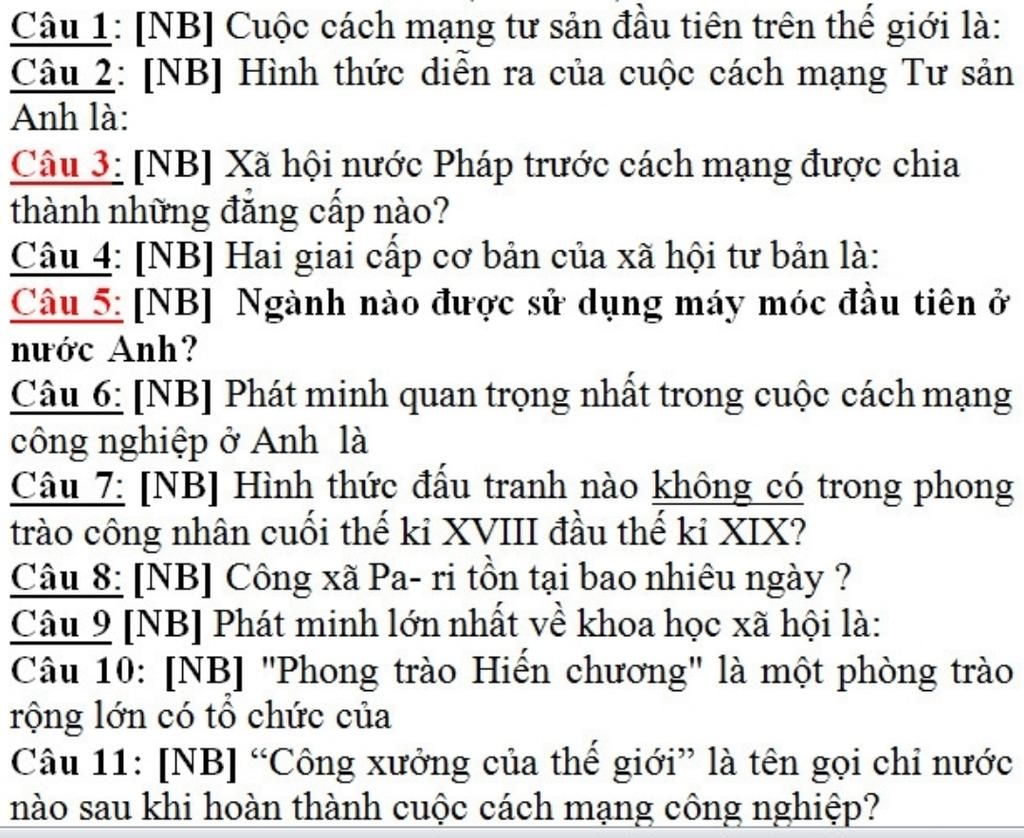 Câu 1: [Nb] Cuộc Cách Mạng Tư Sản Đầu Tiên Trên Thế Giới Là: Câu 2: [Nb] Hình  Thức Diễn Ra Của Cuộc Cách Mạng Tư Sản Anh Là: Câu 3: [Nb]