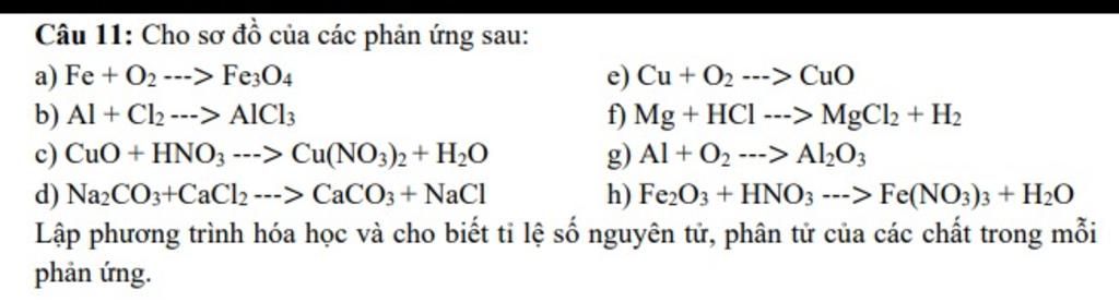 Câu 11: Cho sơ đồ của các phản ứng sau: a) Fe + O2 ---loading=