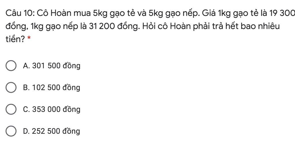 Thông tin về việc cô hoàn mua 5kg gạo tẻ và 5kg gạo nếp