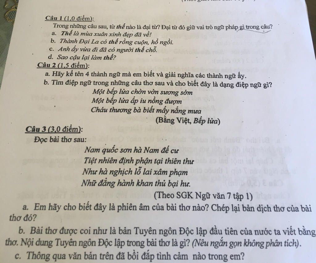 Câu 1 (1,0 điểm): Trong những câu sau, từ thế nào là đại từ? Đại ...