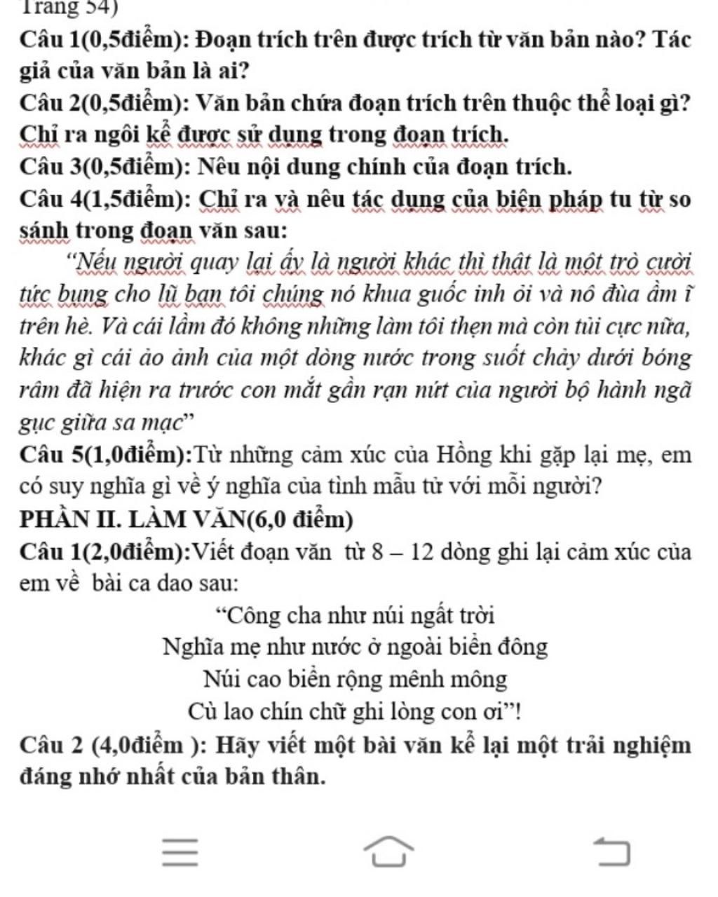 Trang 54) Câu 1(0,5Điểm): Đoạn Trích Trên Được Trích Từ Văn Bản Nào? Tác  Giả Của Văn Bản Là Ai? Câu 2(0,5Điểm): Văn Bản Chứa Đoạn Trích Trên Thuộc  Thể Loại