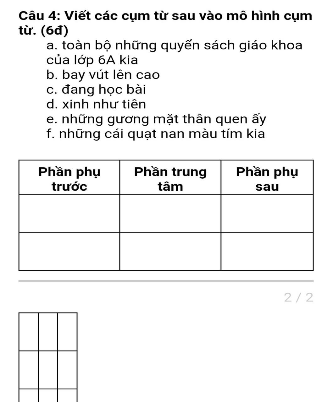 Câu 4: Viết Các Cụm Từ Sau Vào Mô Hình Cụm Từ. (6Đ) A. Toàn Bộ Những Quyển  Sách Giáo Khoa Của Lớp 6A Kia B. Bay Vút Lên Cao C. Đang