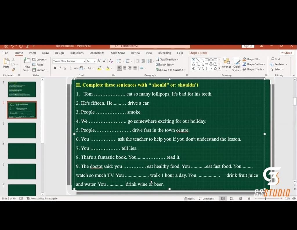 Topic 6 exercne PowerPoint P Search (AO Sign in File Home Insert Draw  Design Transitions Animations Slide Show Review View Recording Help Shape  Format 8 Sh