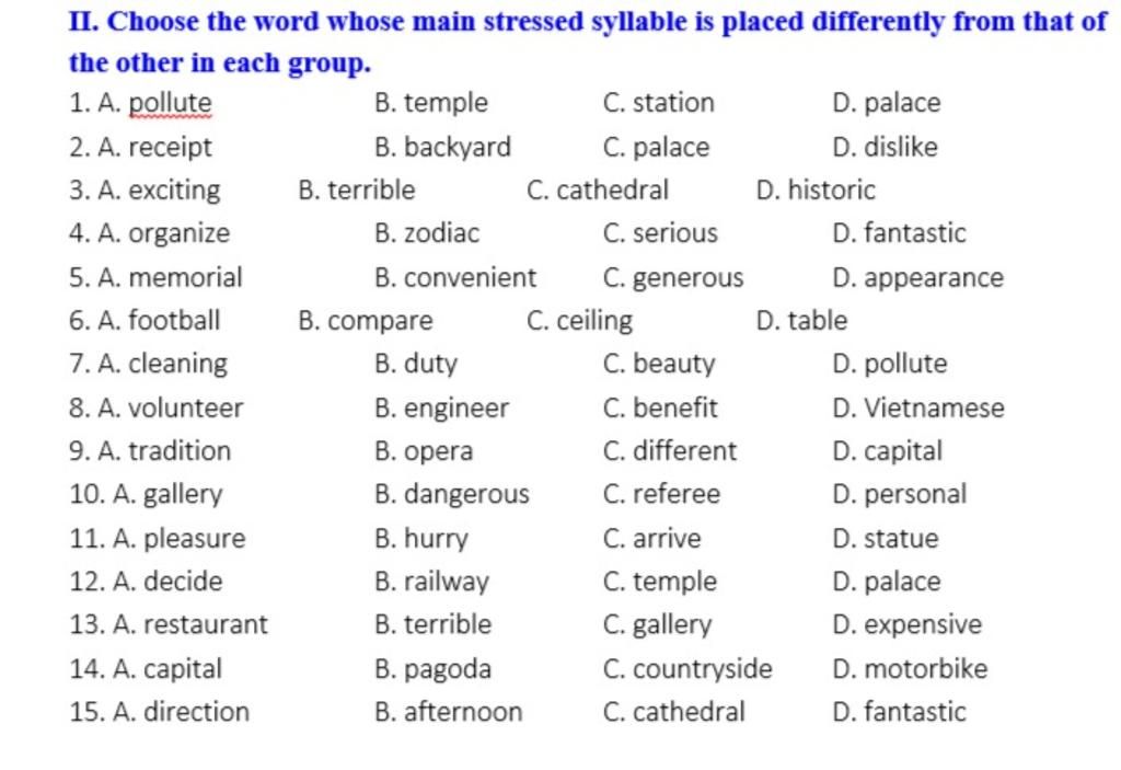 II. Choose The Word Whose Main Stressed Syllable Is Placed Differently ...