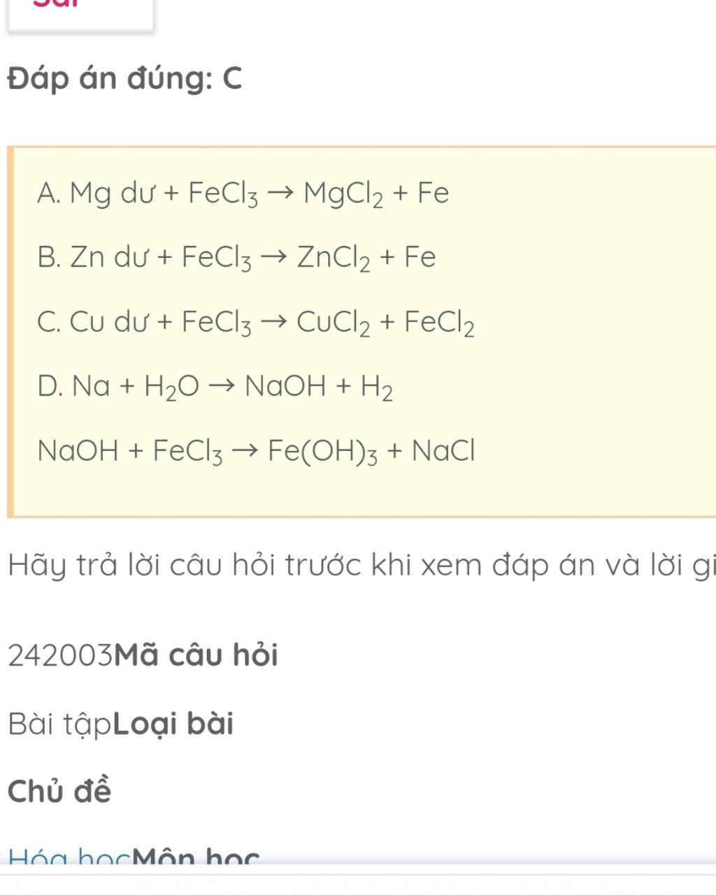 Các thí nghiệm liên quan đến phản ứng Cu + FeCl3