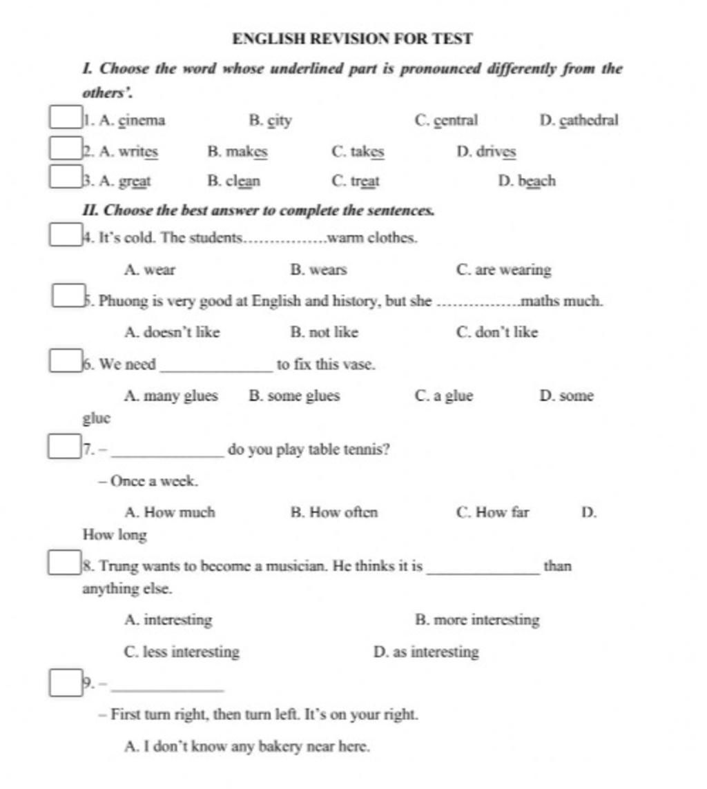 ENGLISH REVISION FOR TEST I. Choose The Word Whose Underlined Part Is ...