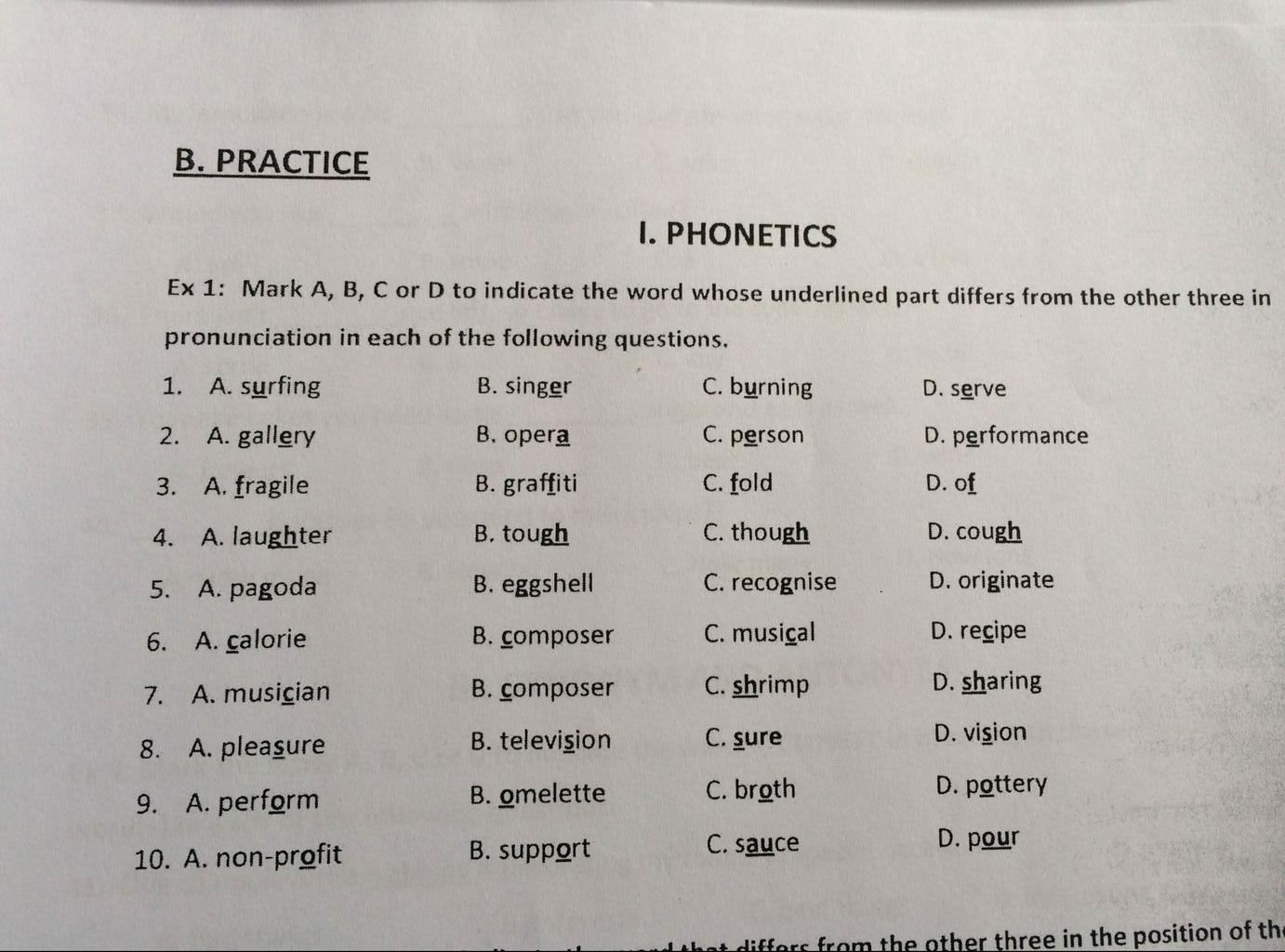 В. PRACTIOE I. PHONETICS Ex 1: Mark A, B, C Or D To Indicate The Word ...