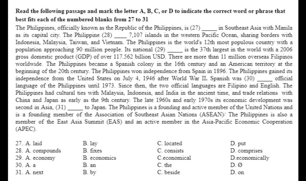 Read The Following Passage And Mark The Letter A, B, C, Or D To ...