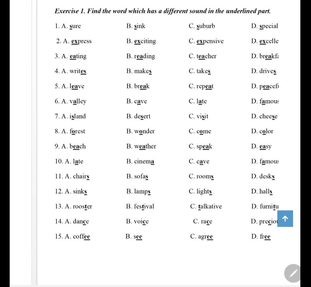 Exercise 1. Find The Word Which Has A Different Sound In The Underlined ...