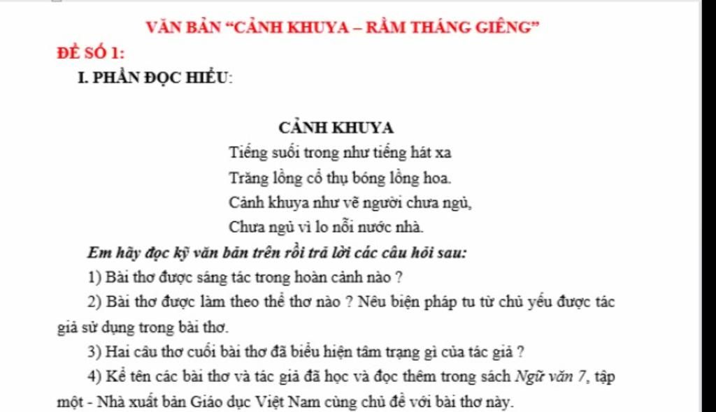 Văn Bản “Cảnh Khuya – Rằm Tháng Giêng