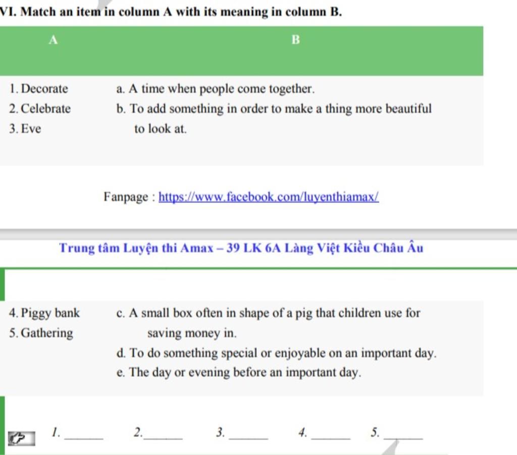 VI. Match an item in column A with its meaning in column B. B 1 ...