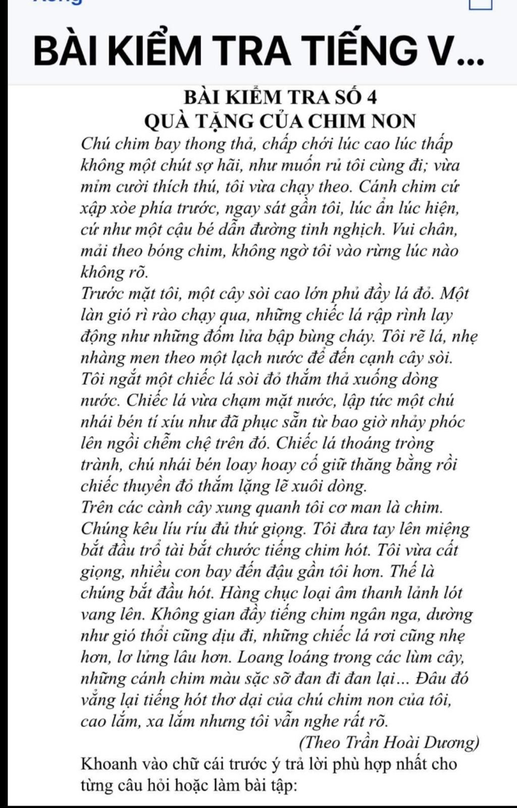 Món quà chính mà chú chim non tặng chú bé là j? ........... Đoạn ...