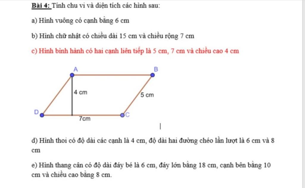 Bài 4: Tính chu vi và diện tích các hình sau: a) Hình vuông có ...