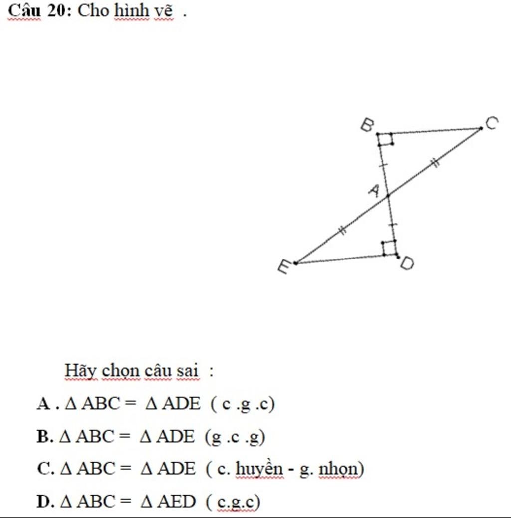 Câu 20: Cho hình vẽ . www Hãy chọn câu sai : wwww www  ABC = A ADE ( c  .g .c) B. ΔΑΒC ΔADΕ () C. A ABC = A