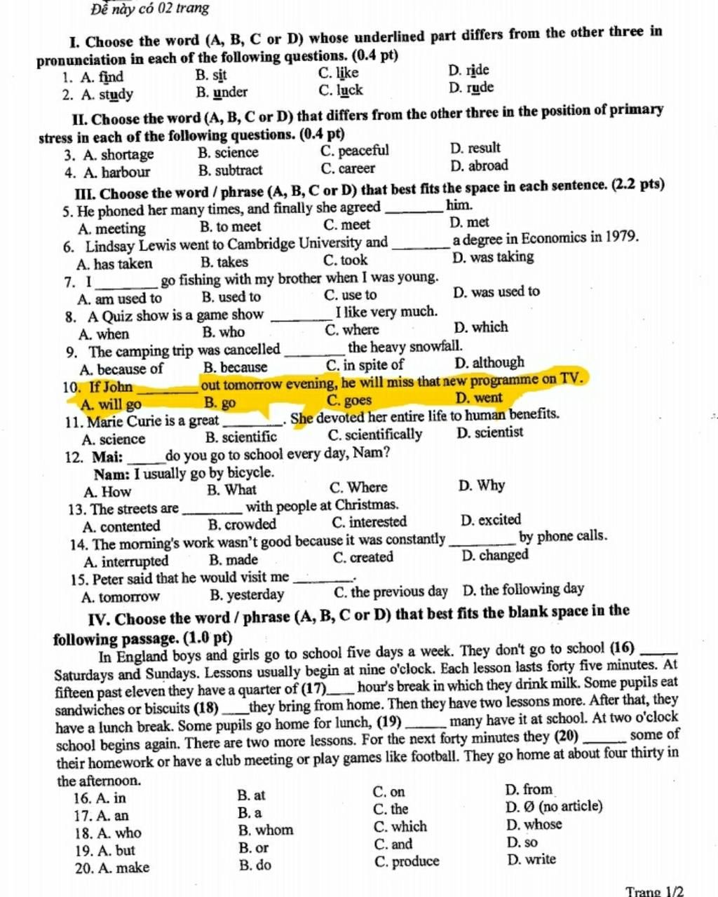 Đề Này Có 02 Trang I. Choose The Word (A, B, C Or D) Whose Underlined ...