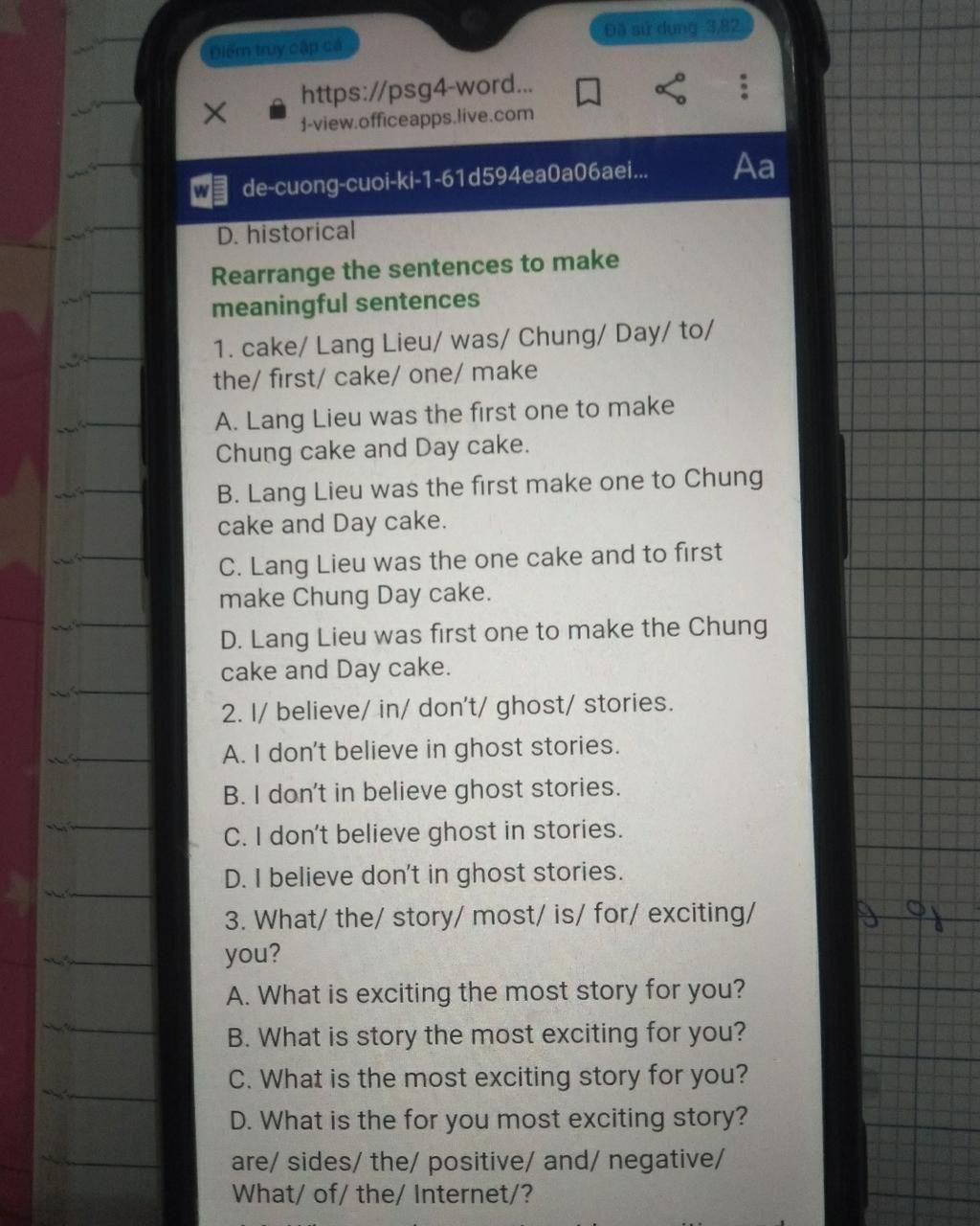 Oa sử dụng 3,82 Diểm truy cập cá https://psg4-word... .com  de-cuong-cuoi-ki-1-61d594ea0a06aei. Aa D. historical Rearrange the sentenc