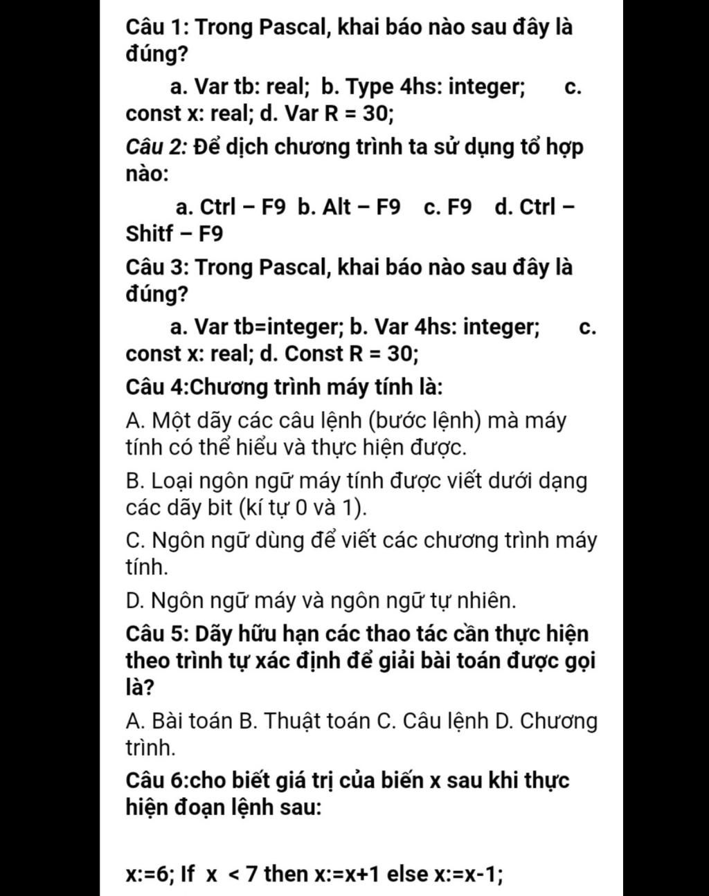 Trong Pascal, khai báo nào sau đây là sai