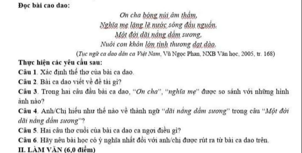 Đọc bài cao dao: Ơn cha bóng ni âm thẩu, Nghĩa mẹ lăng lễ uước ...