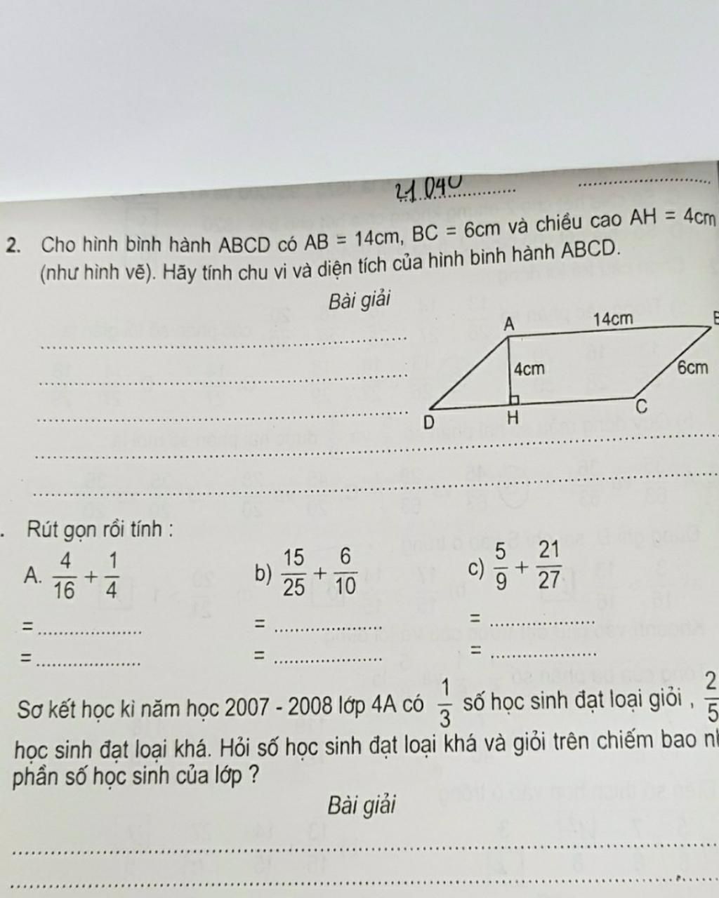 Cho hình bình hành ABCD có AB= 14 cm , BC =6 cm và chiều cao AH ...