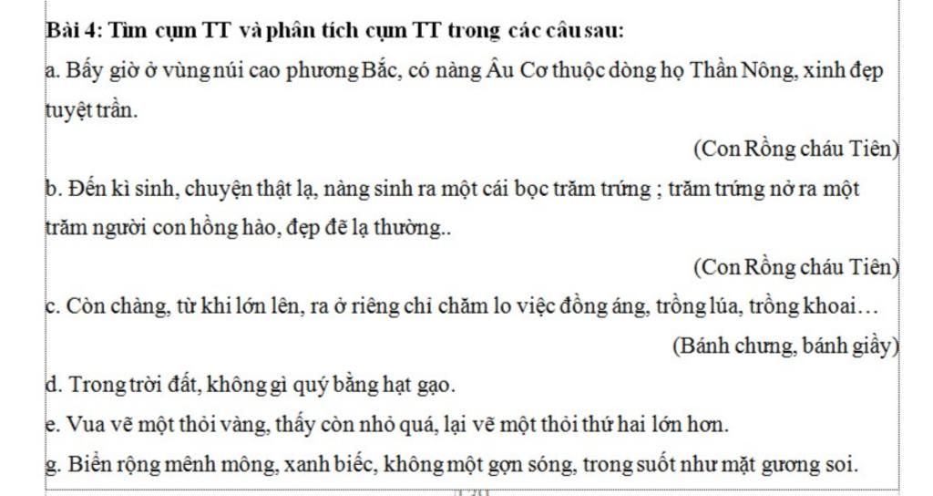 Bài 4: Tìm cụm TT và phân tích cụm TT trong các câu sau: a. Bấy ...