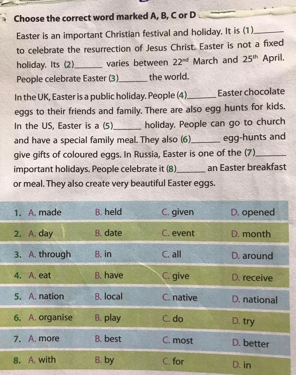 Choose The Correct Word Marked A, B, C Or D Easter Is An Important  Christian Festival And Holiday. It Is (1) To Celebrate The Resurrection Of  Jesus Chris