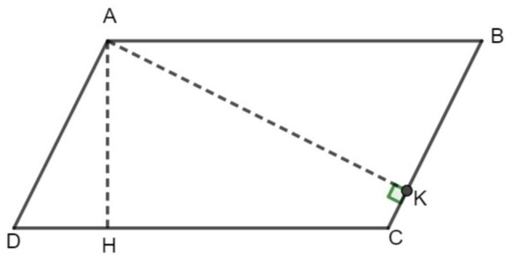 Bài 3. Cho hình bình hành ABCD có AB = 18cm, AH = 10cm, BC = 12cm. Tính độ dài đoạn thẳng AK, biết AH vuông góc với DC và AK vuông