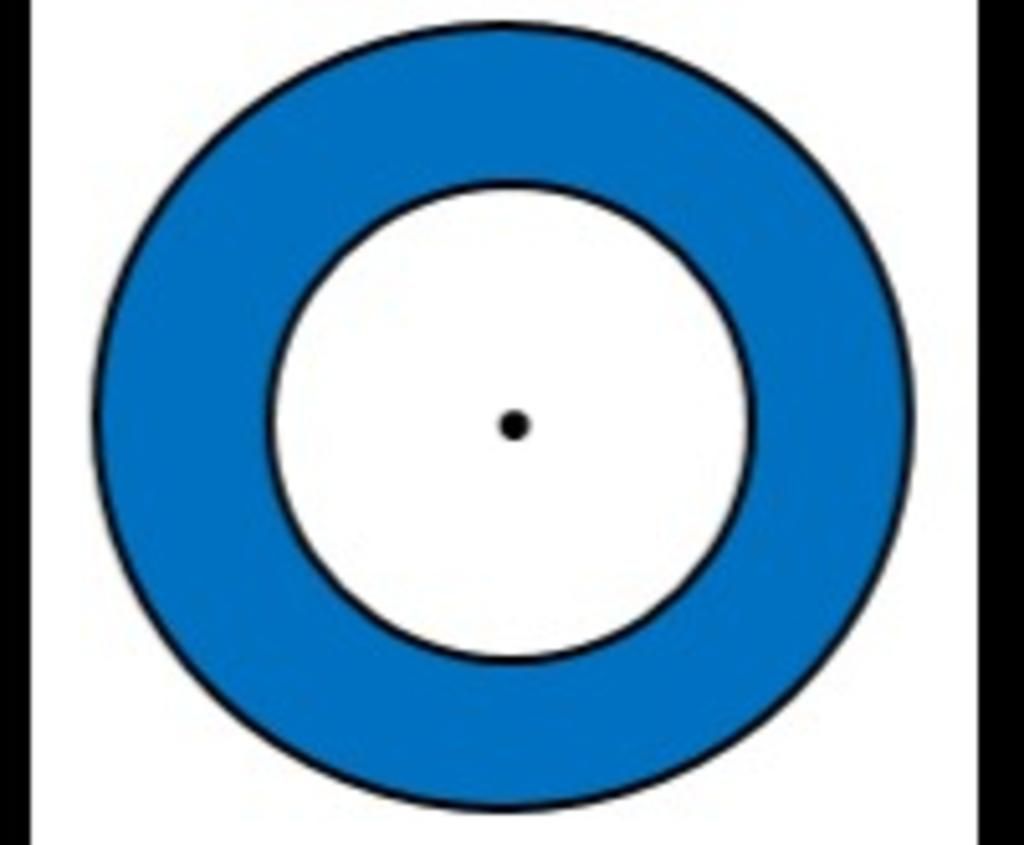 Cho hai hình tròn có cùng tâm, hình tròn bé có chu vi bằng 18,84cm, hình tròn lớn có chu vi bằng 31,4cm. Tính diện tích phần đã tô màu.
