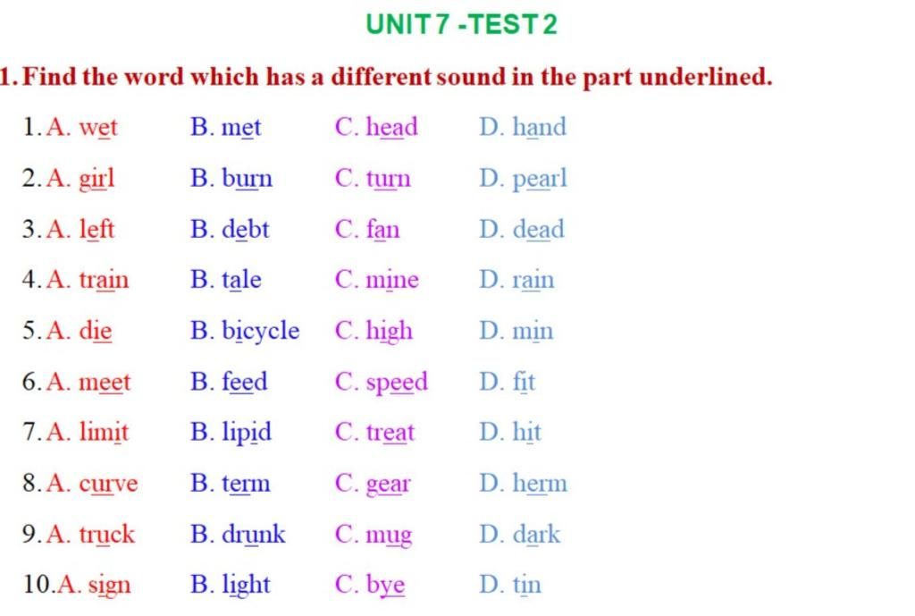 UNIT 7 -TEST2 1. Find The Word Which Has A Different Sound In The Part ...