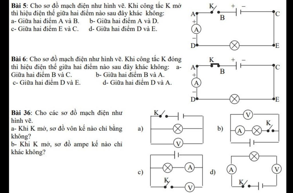 Bài 5: Cho sơ đồ mạch điện như hình vẽ. Khi công tắc K mở thì hiệu ...